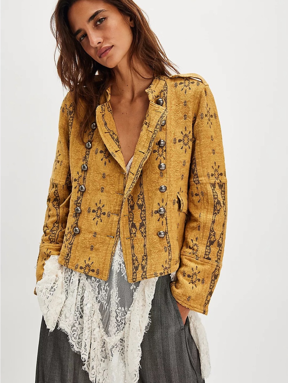Free People Lotty Jacquard Band Jacket XS Color: Sunny Ochre NWT